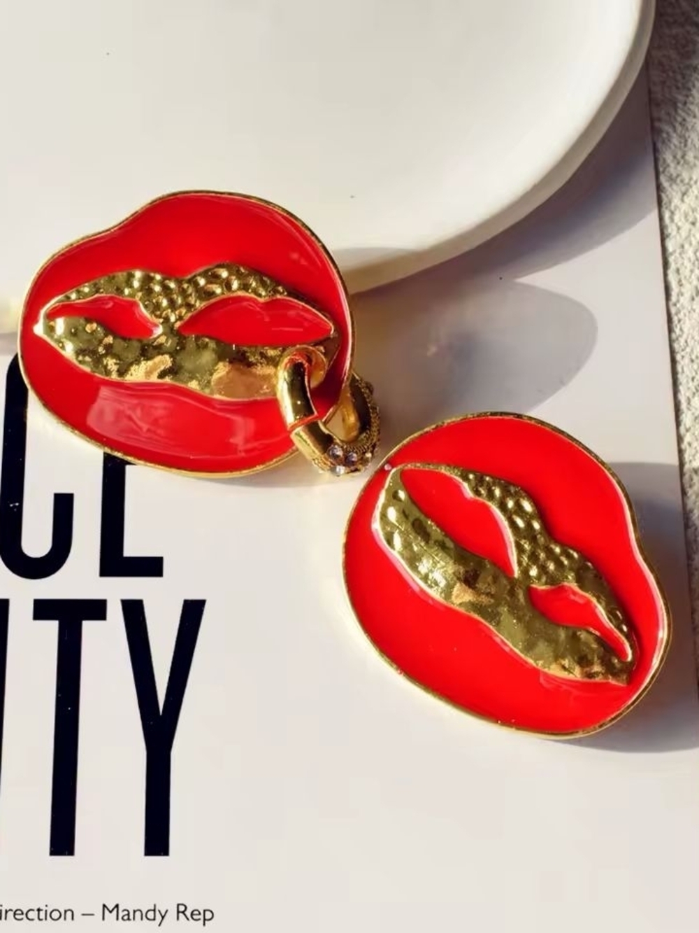 Red and Gold Sculpted Clip-On Earrings - Picture 3 of 5